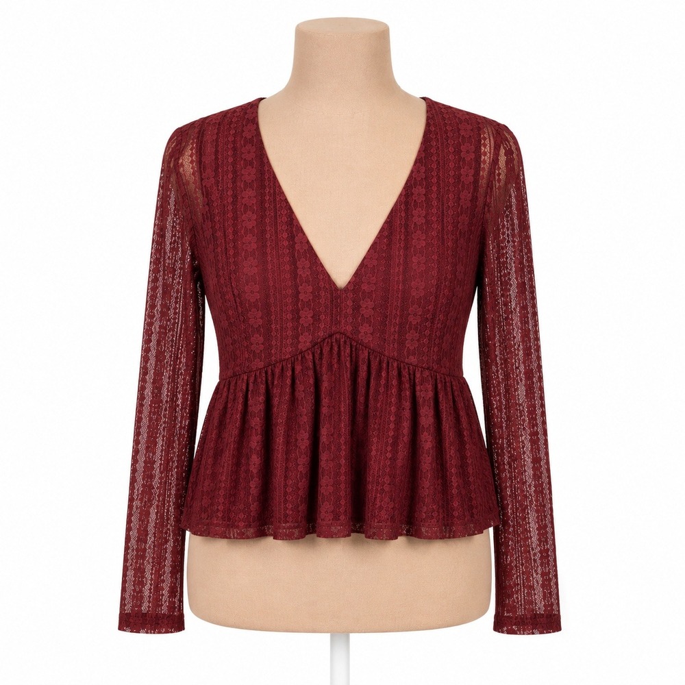 Y2K Floral‎ Fairy Lace Mesh Babydoll Top Size M Red Stretch Romantic Whimsigoth